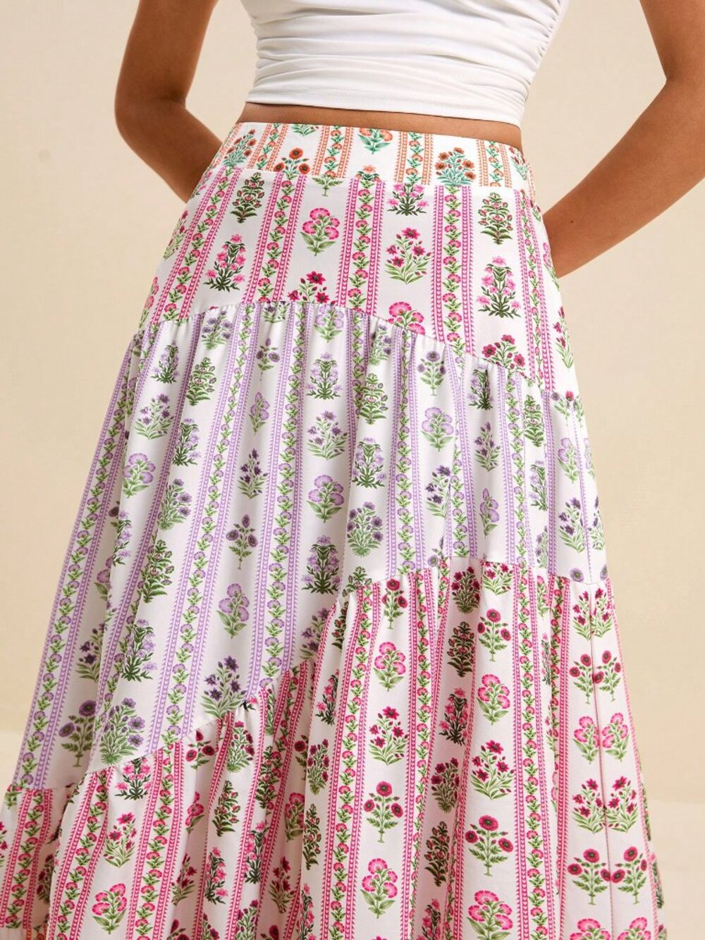 Multicolor Boho Women's Pleated High Waisted A Line Slit Maxi Skirt - Picture 8 of 9